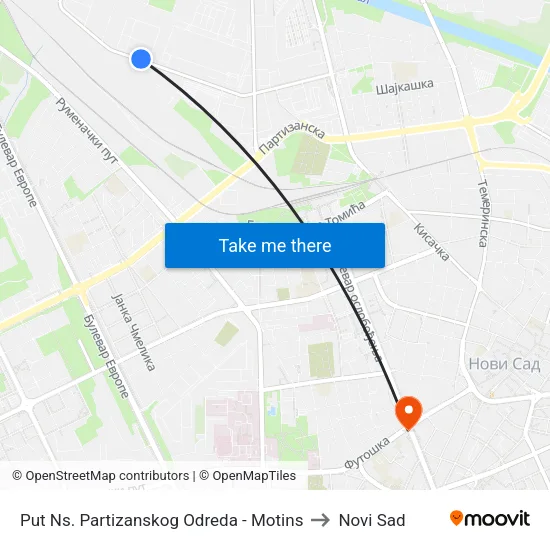 Put Ns. Partizanskog Odreda - Motins to Novi Sad map