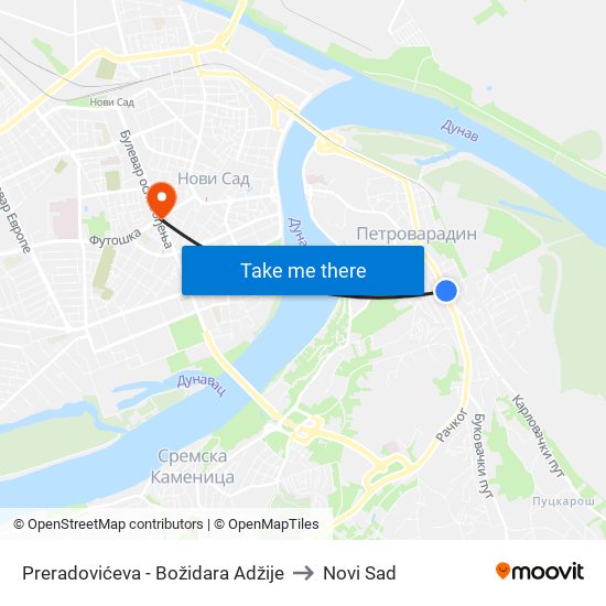 Preradovićeva - Božidara Adžije to Novi Sad map