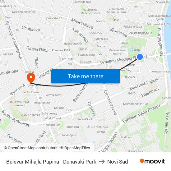 Bulevar Mihajla Pupina - Dunavski Park to Novi Sad map