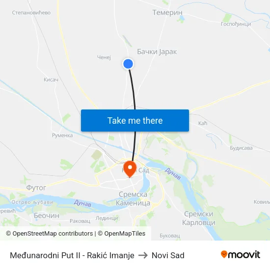 Međunarodni Put II - Rakić Imanje to Novi Sad map