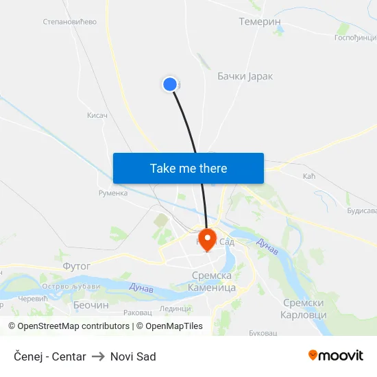 Čenej - Centar to Novi Sad map