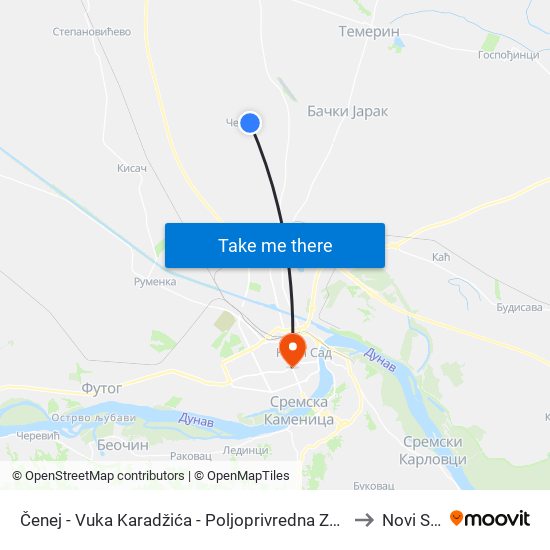 Čenej - Vuka Karadžića - Poljoprivredna Zadruga to Novi Sad map