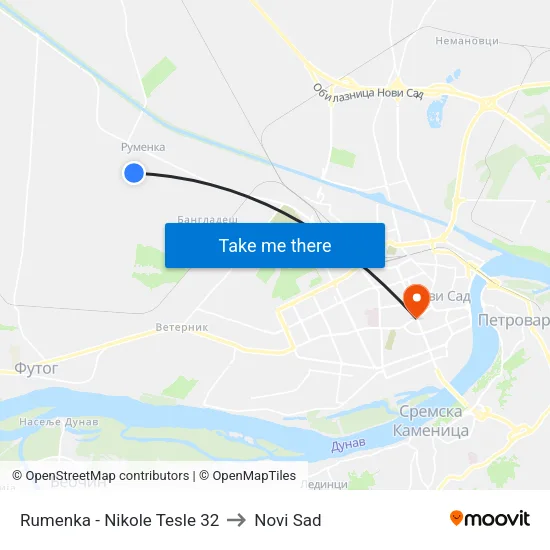 Rumenka - Nikole Tesle 32 to Novi Sad map