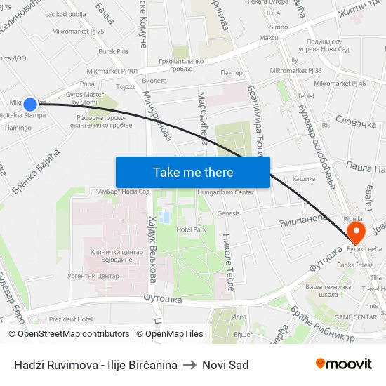 Hadži Ruvimova - Ilije Birčanina to Novi Sad map