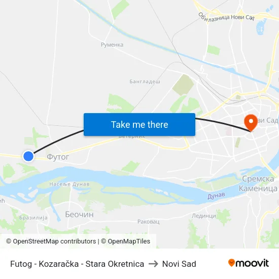 Futog - Kozaračka - Stara Okretnica to Novi Sad map