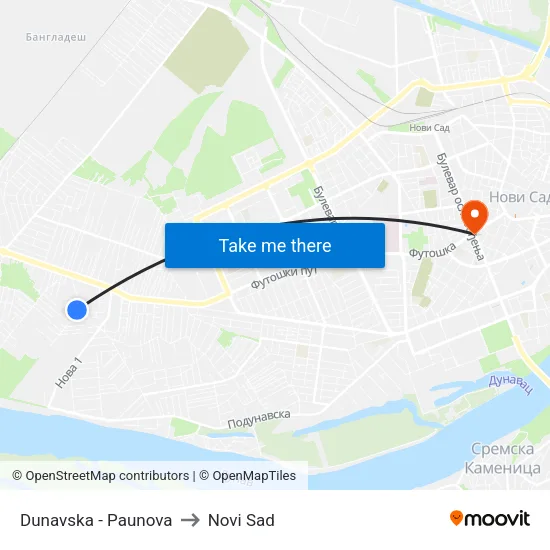 Dunavska - Paunova to Novi Sad map