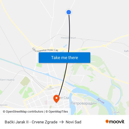 Bački Jarak II - Crvene Zgrade to Novi Sad map