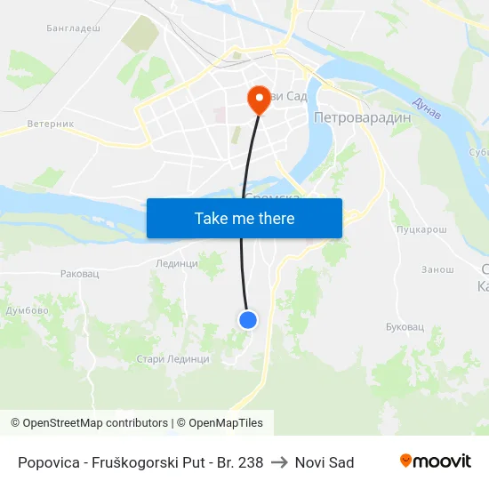 Popovica - Fruškogorski Put - Br. 238 to Novi Sad map