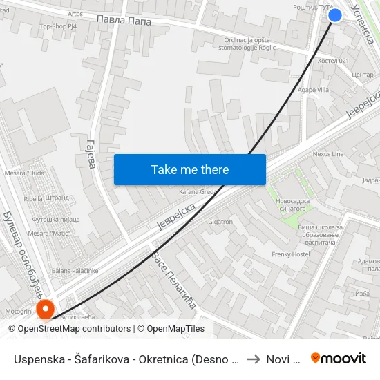 Uspenska - Šafarikova - Okretnica (Desno Stajalište) to Novi Sad map