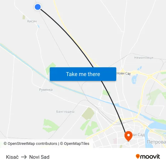 Kisač to Novi Sad map