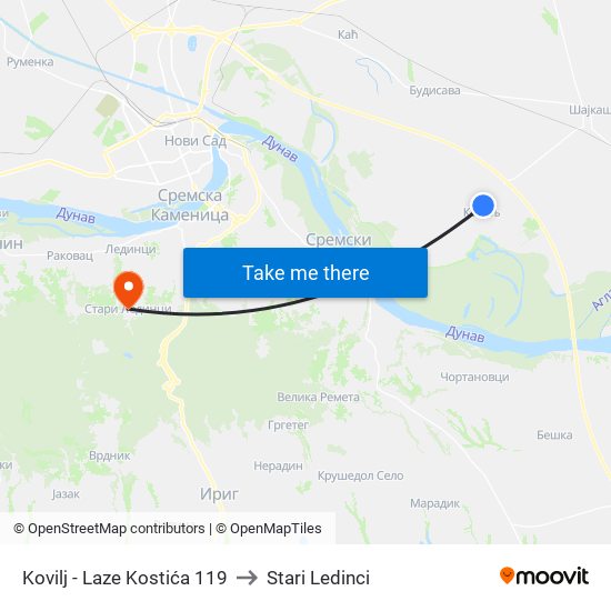 Kovilj - Laze Kostića 119 to Stari Ledinci map