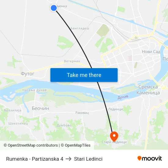 Rumenka - Partizanska 4 to Stari Ledinci map