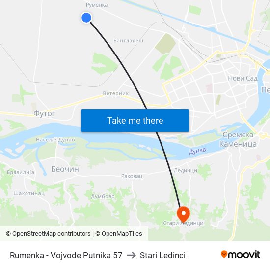 Rumenka - Vojvode Putnika 57 to Stari Ledinci map