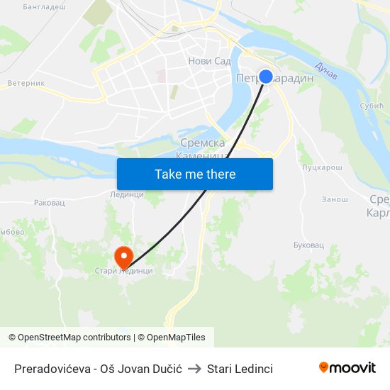 Preradovićeva - Oš Jovan Dučić to Stari Ledinci map