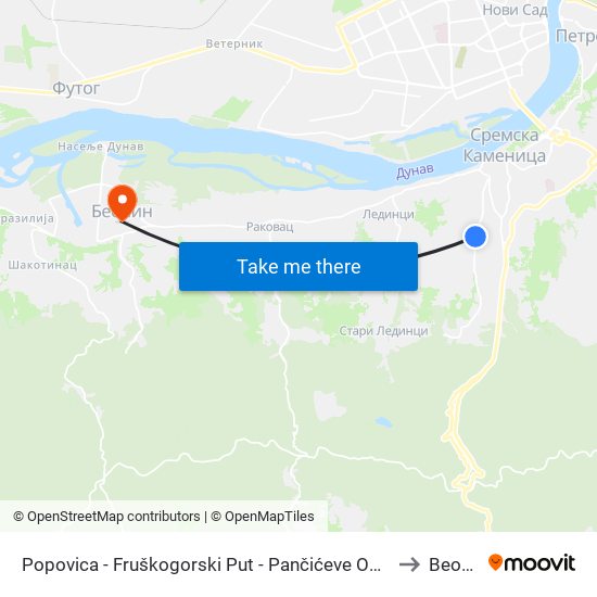 Popovica - Fruškogorski Put - Pančićeve Omorike to Beočin map