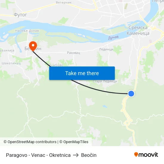 Paragovo - Venac - Okretnica to Beočin map