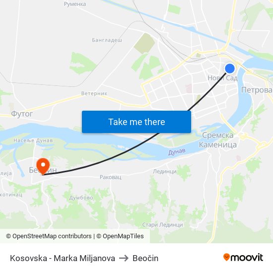 Kosovska - Marka Miljanova to Beočin map