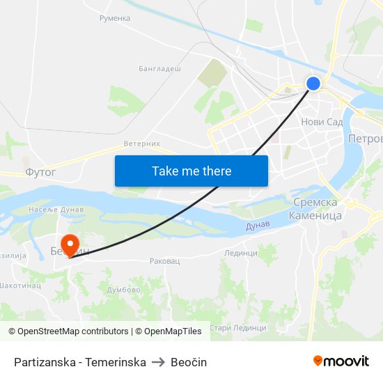 Partizanska - Temerinska to Beočin map