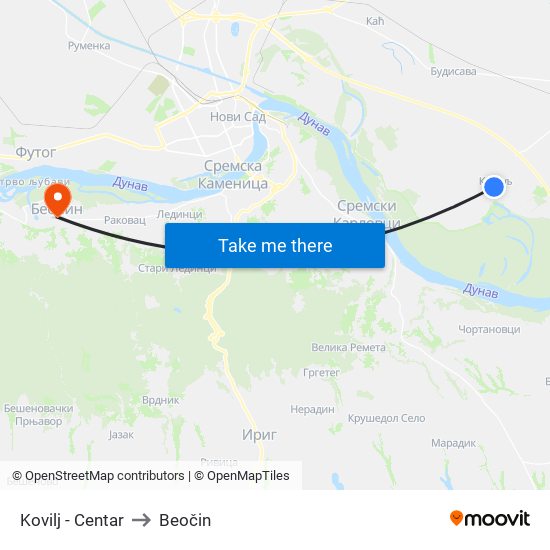 Kovilj - Centar to Beočin map