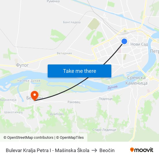 Bulevar Kralja Petra I - Mašinska Škola to Beočin map