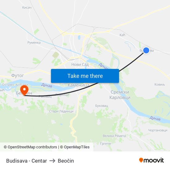 Budisava - Centar to Beočin map