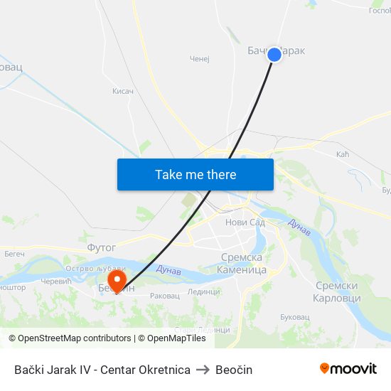 Bački Jarak IV - Centar Okretnica to Beočin map