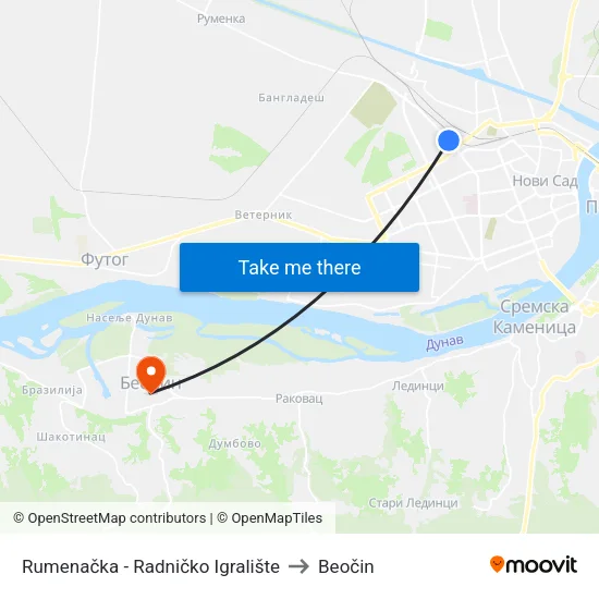 Rumenačka - Radničko Igralište to Beočin map