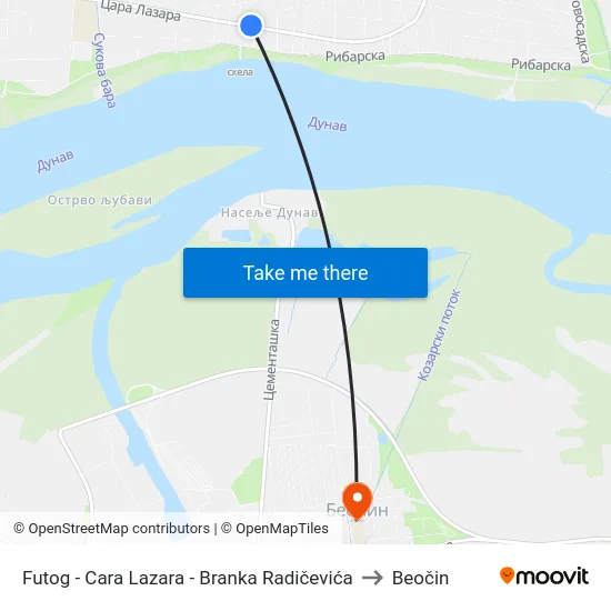 Futog - Cara Lazara - Branka Radičevića to Beočin map