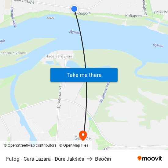 Futog - Cara Lazara - Đure Jakšića to Beočin map