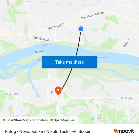 Futog - Novosadska - Nikole Tesle to Beočin map