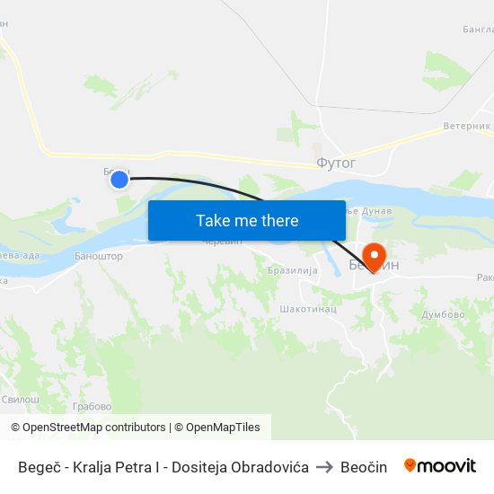 Begeč - Kralja Petra I - Dositeja Obradovića to Beočin map