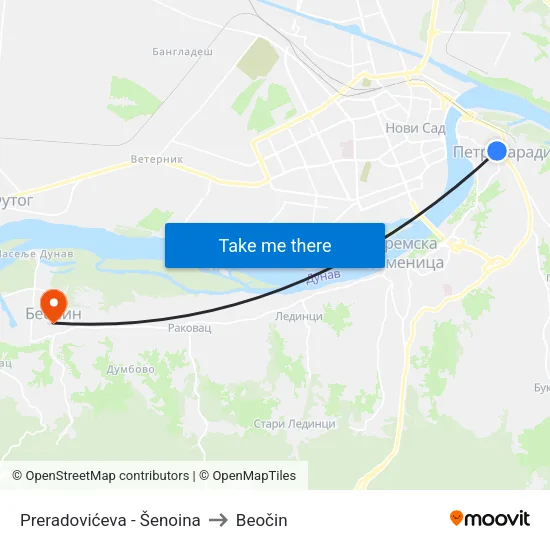 Preradovićeva - Šenoina to Beočin map