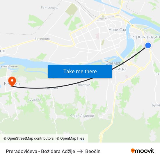 Preradovićeva - Božidara Adžije to Beočin map