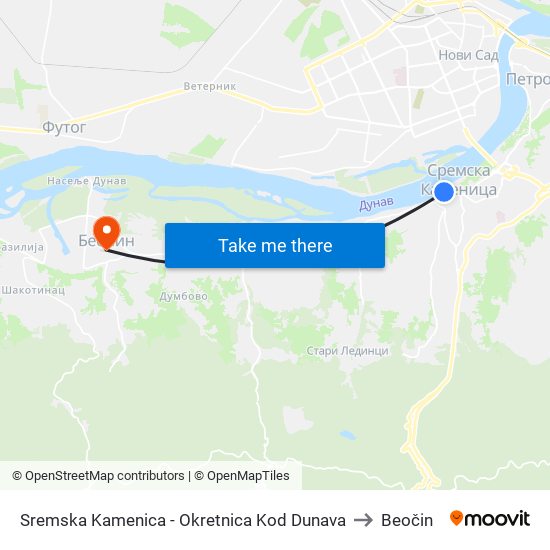 Sremska Kamenica - Okretnica Kod Dunava to Beočin map