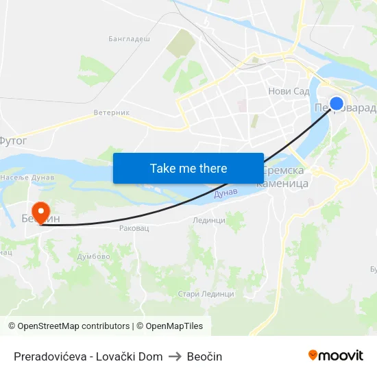 Preradovićeva - Lovački Dom to Beočin map