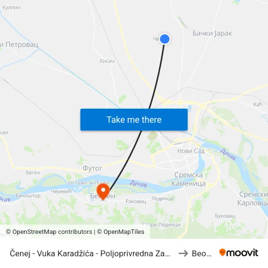 Čenej - Vuka Karadžića - Poljoprivredna Zadruga to Beočin map