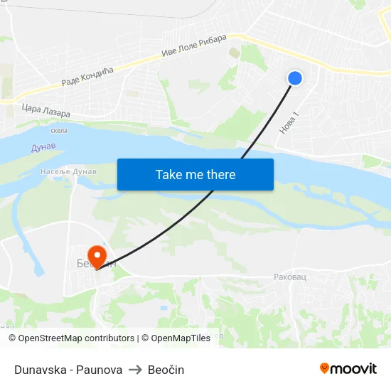 Dunavska - Paunova to Beočin map