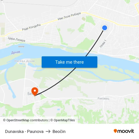 Dunavska - Paunova to Beočin map