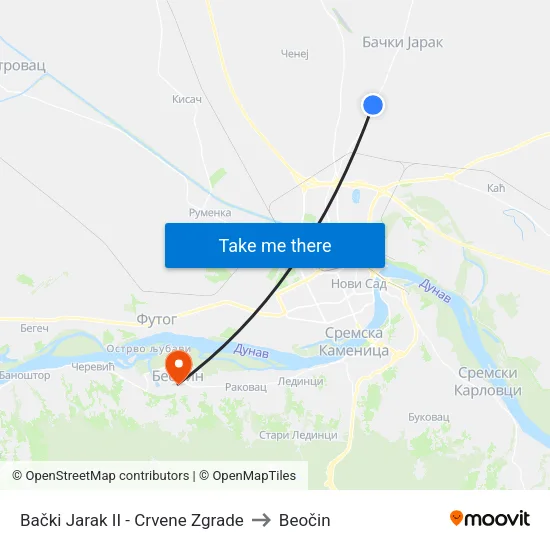 Bački Jarak II - Crvene Zgrade to Beočin map