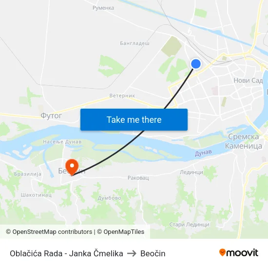 Oblačića Rada - Janka Čmelika to Beočin map