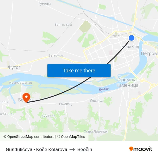 Gundulićeva - Koče Kolarova to Beočin map