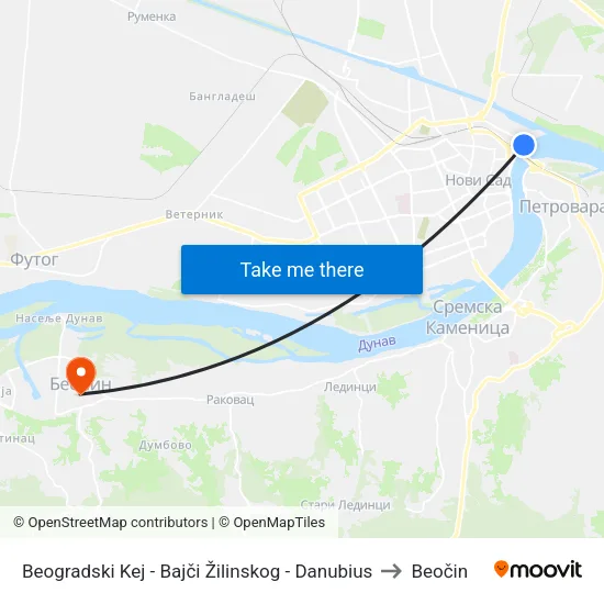 Beogradski Kej - Bajči Žilinskog - Danubius to Beočin map