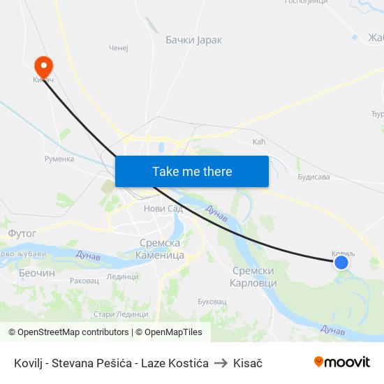 Kovilj - Stevana Pešića - Laze Kostića to Kisač map