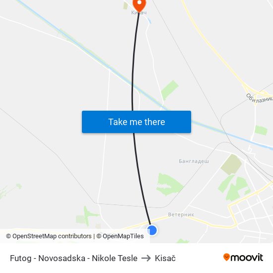 Futog - Novosadska - Nikole Tesle to Kisač map