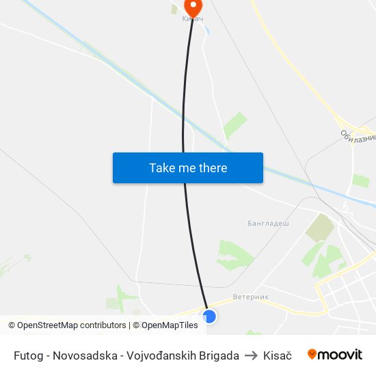 Futog - Novosadska - Vojvođanskih Brigada to Kisač map