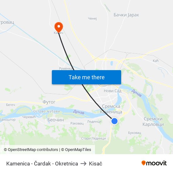 Kamenica - Čardak - Okretnica to Kisač map