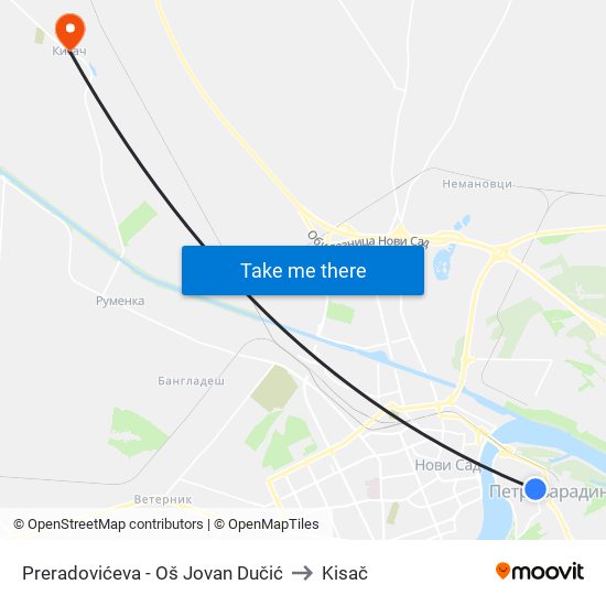 Preradovićeva - Oš Jovan Dučić to Kisač map