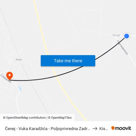 Čenej - Vuka Karadžića - Poljoprivredna Zadruga to Kisač map