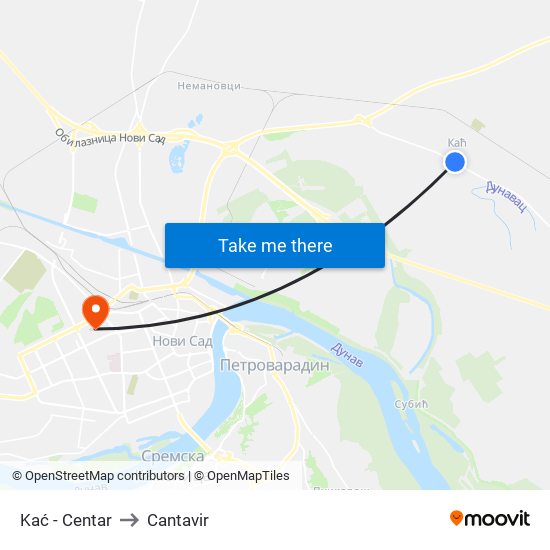 Kać - Centar to Cantavir map