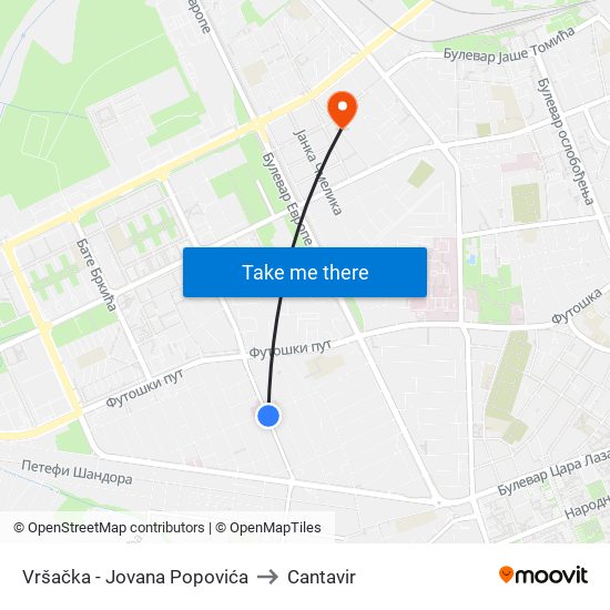 Vršačka - Jovana Popovića to Cantavir map